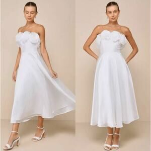 LULUS Idyllic Muse White Organza Rosette Strapless Midi Dress Sz S NWT {3G8}